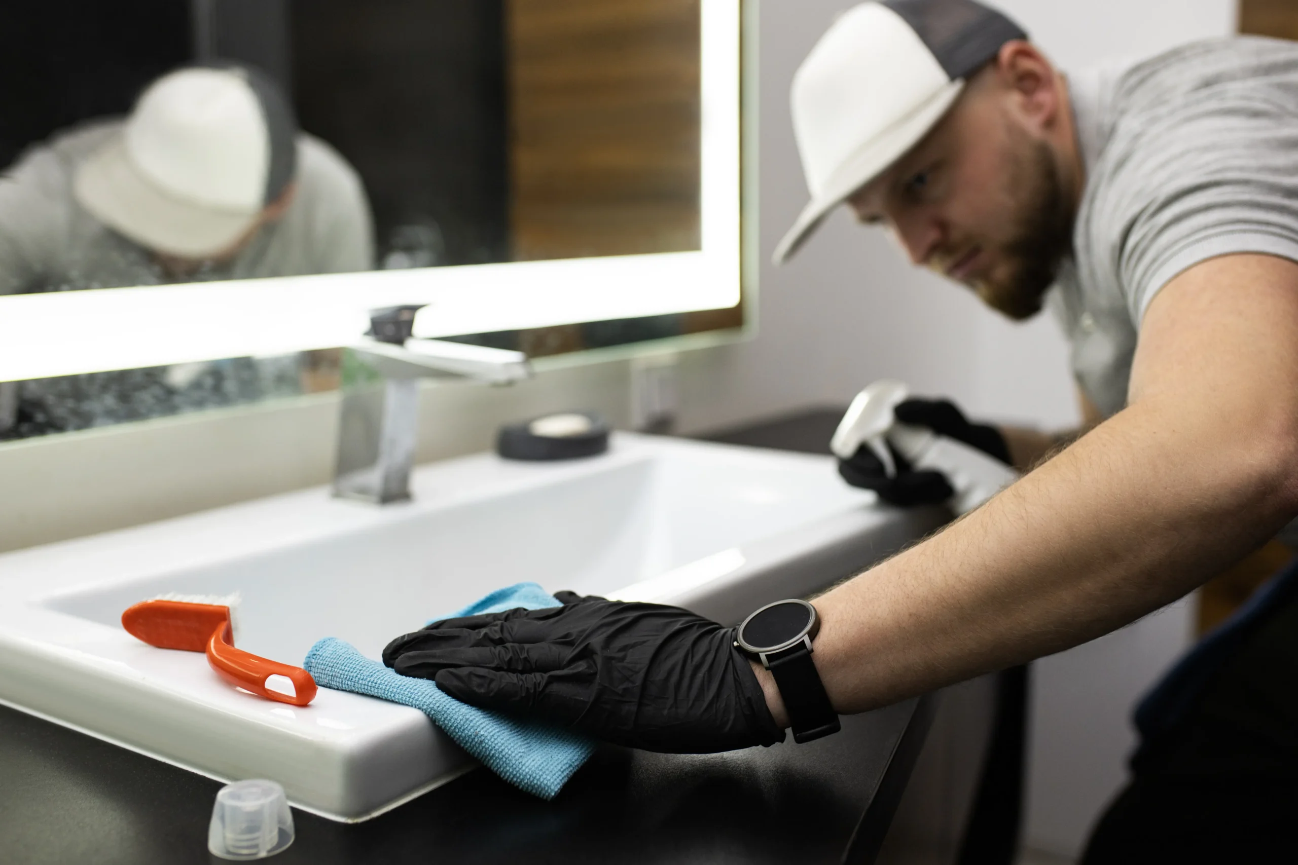 Empleado de housekeeping limpiando habitación de hotel en Palm Beach — Team Plus empleos hoteleros Florida