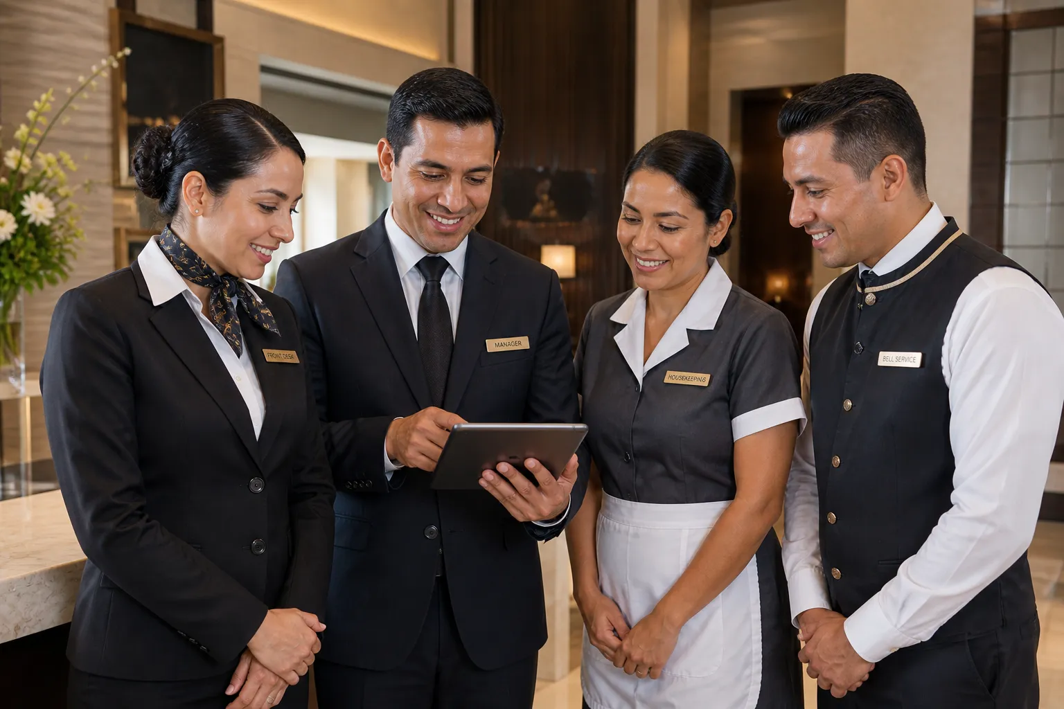 Equipo diverso de trabajadores latinos en hotel de West Palm Beach Florida — Team Plus empleos hoteleros Palm Beach